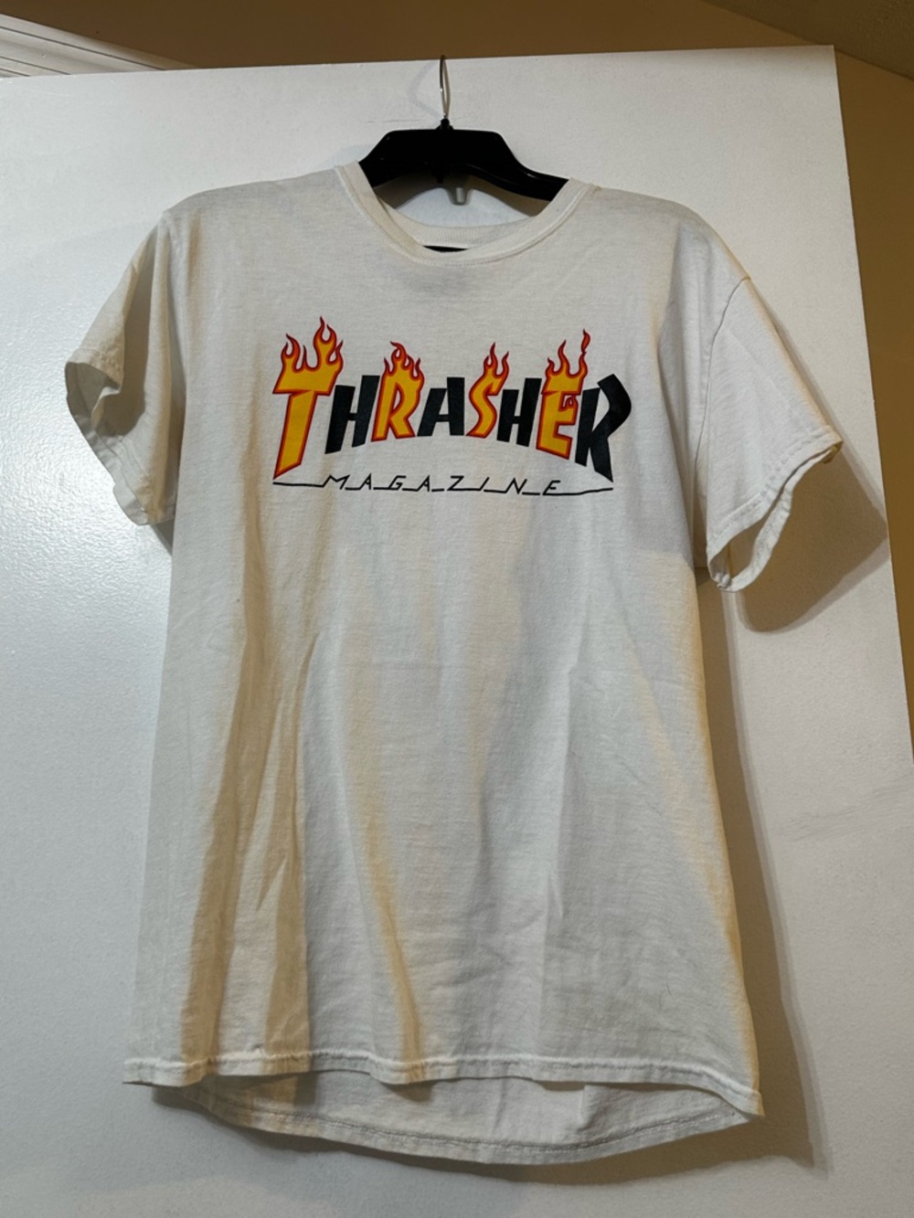 Thrasher White Tee with Black Label and Red/Yellow Flame Accent